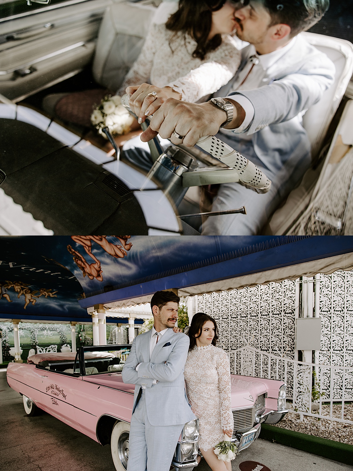 Newlyweds kiss while holding onto the steering wheel of car by las vegas wedding photographer