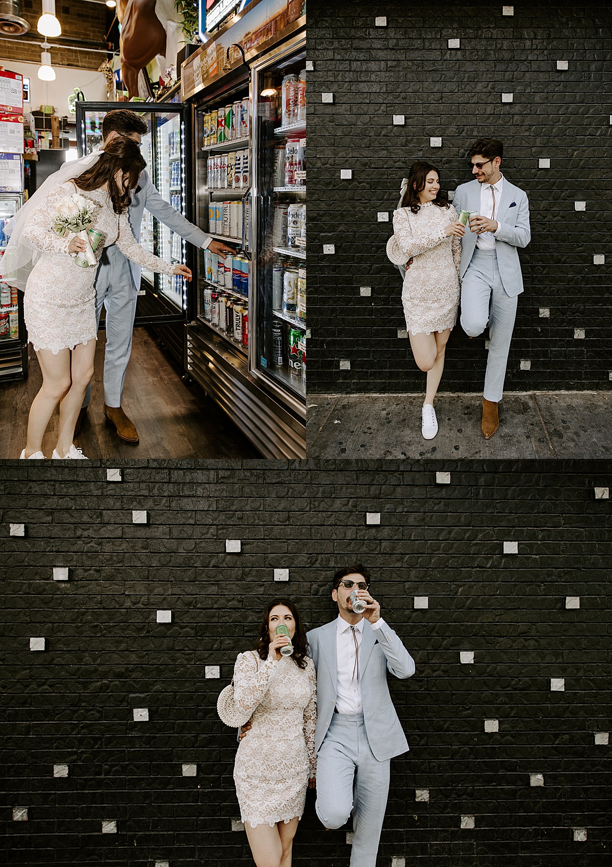 Bride and groom drink beer outside against black wall after their Intimate Wedding at Little White Chapel