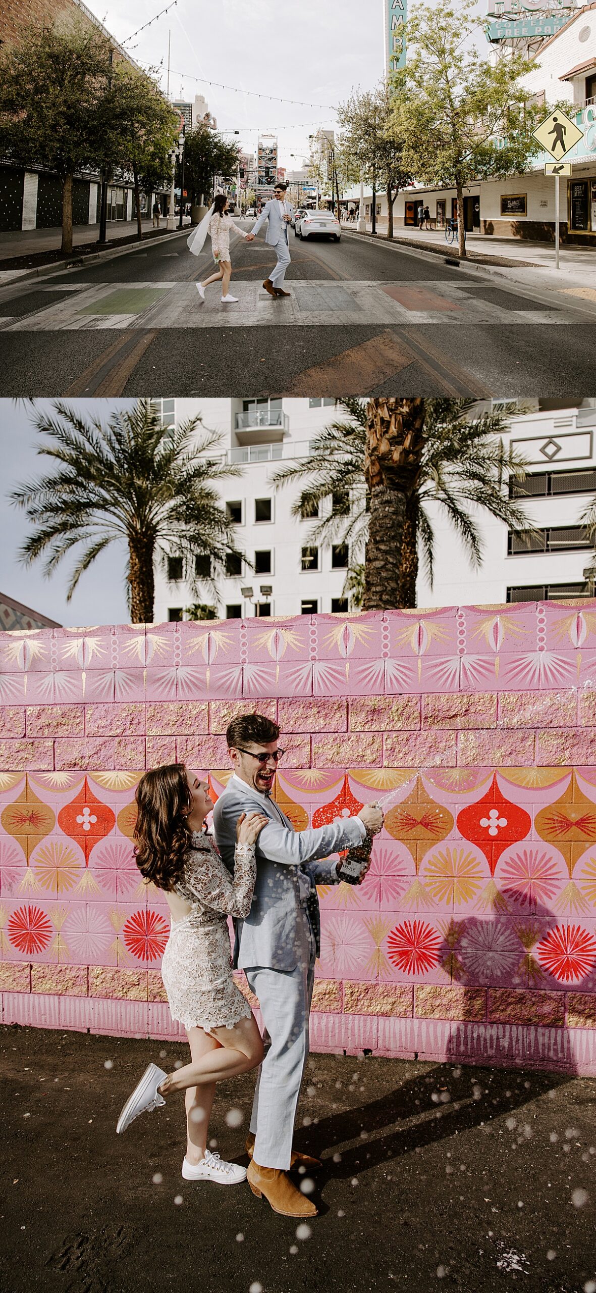 Couple gleefully sprays champagne in front of colorful pink wall by las vegas wedding photographer