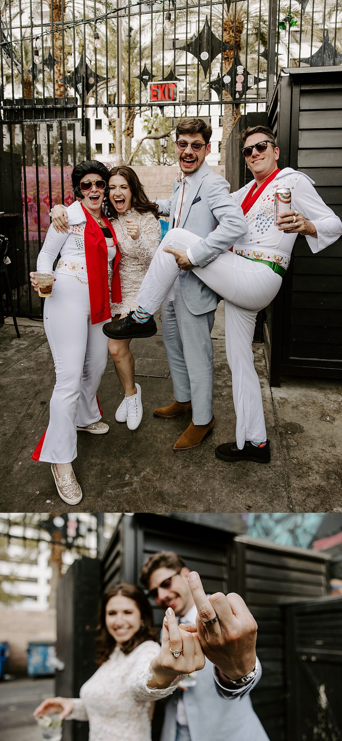 Two Elvis impersonators pose with newlyweds at their reception by las vegas wedding photographer