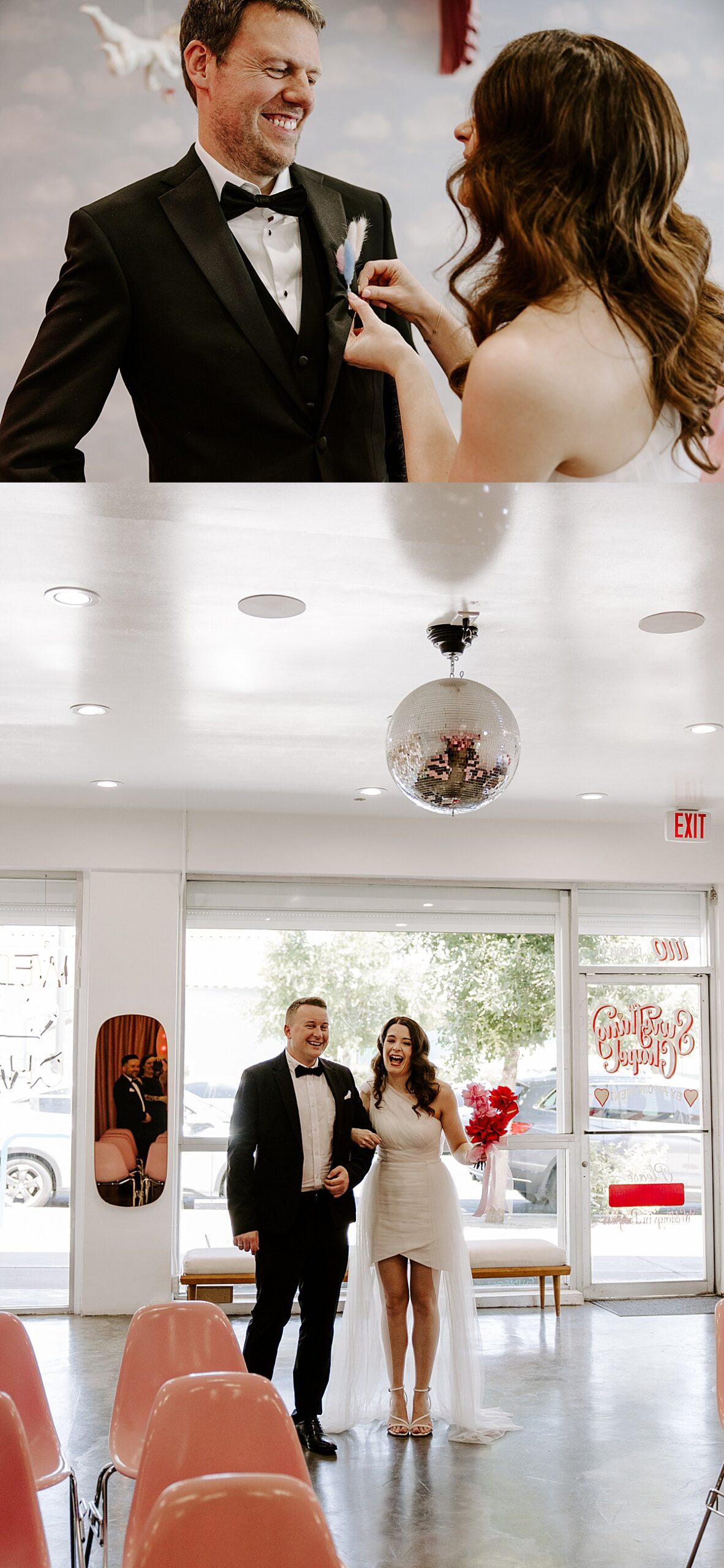 Woman pins boutonniere on man at Sure Thing Chapel