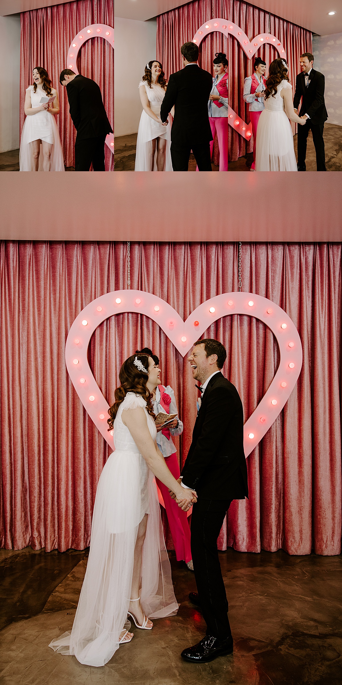 Couple laugh at their wedding ceremony while holding hands by Las Vegas Wedding Photographer