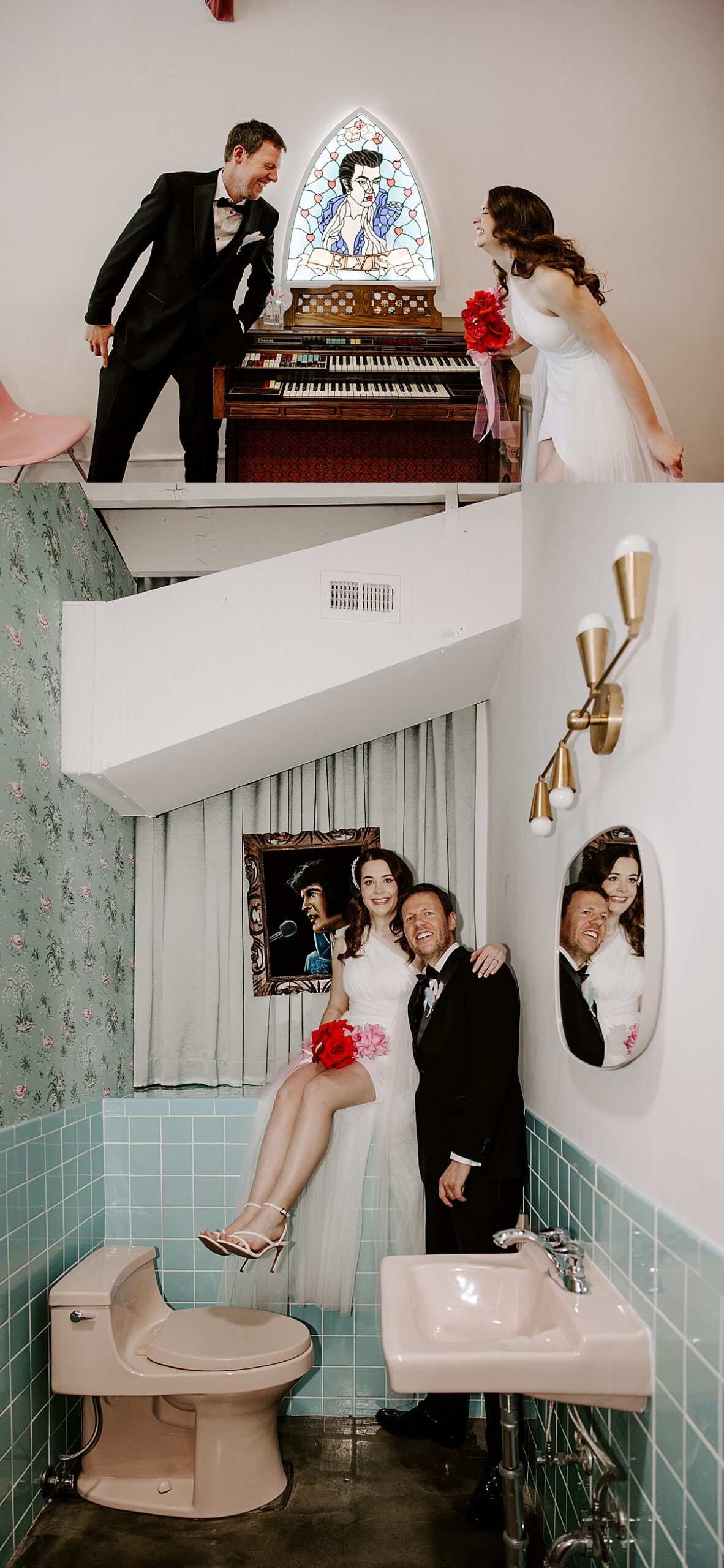 Newlyweds smile in front of an Elvis stain glass window and organ by Las Vegas Wedding Photographer