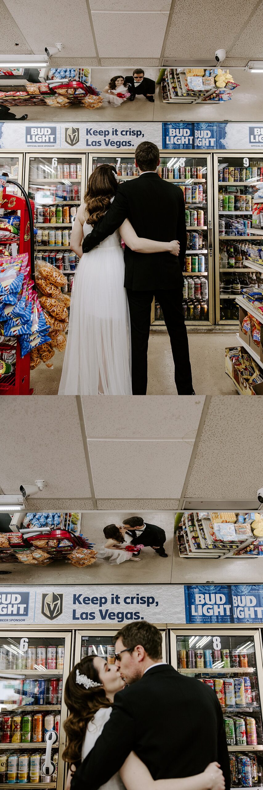 Newlyweds stand in the beer aisle making a decision after their ceremony at Sure Thing Chapel