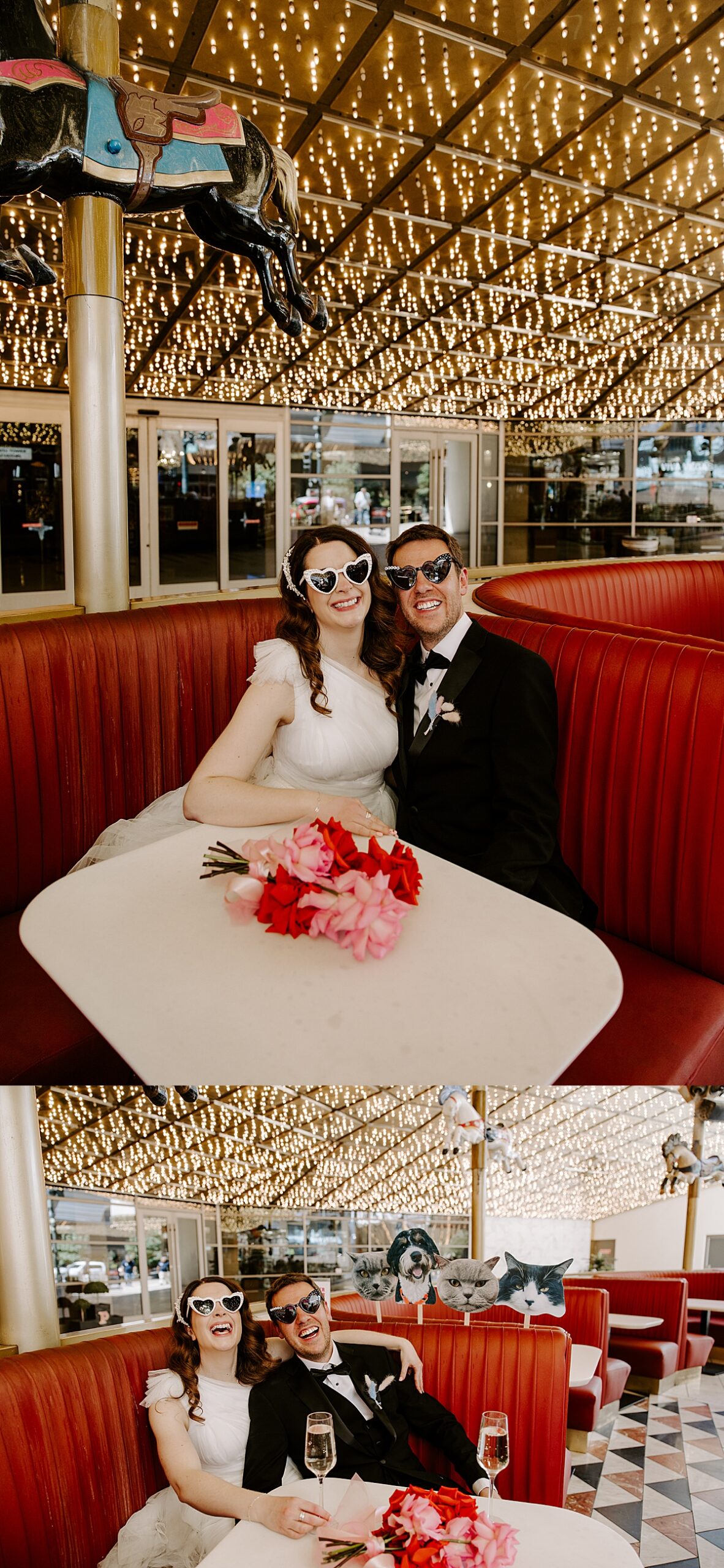 Couple in heart sunglasses laugh while drinking champagne in a red booth by Las Vegas Wedding Photographer
