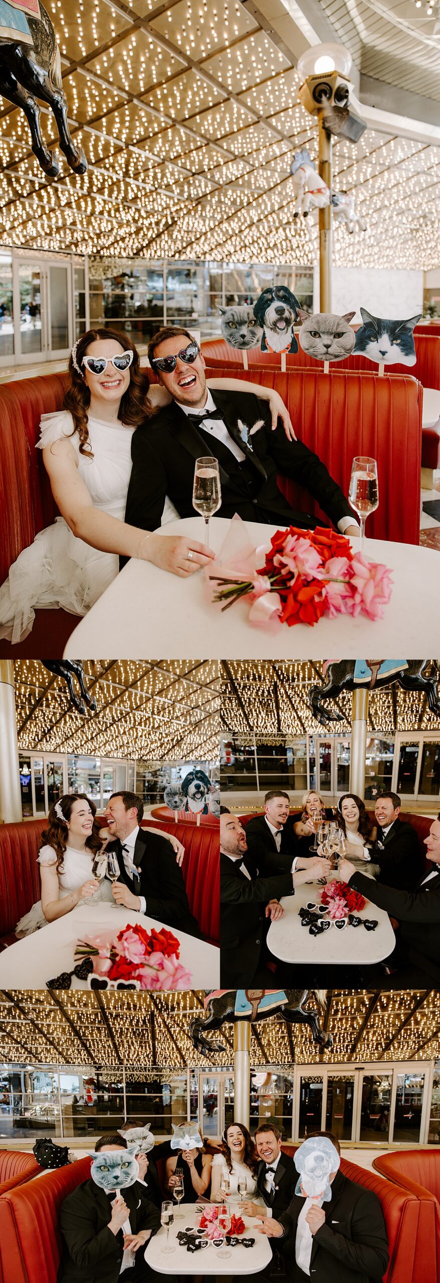 Newlyweds and wedding party cheers champagne while sitting in a red booth by Katelyn Faye Photography