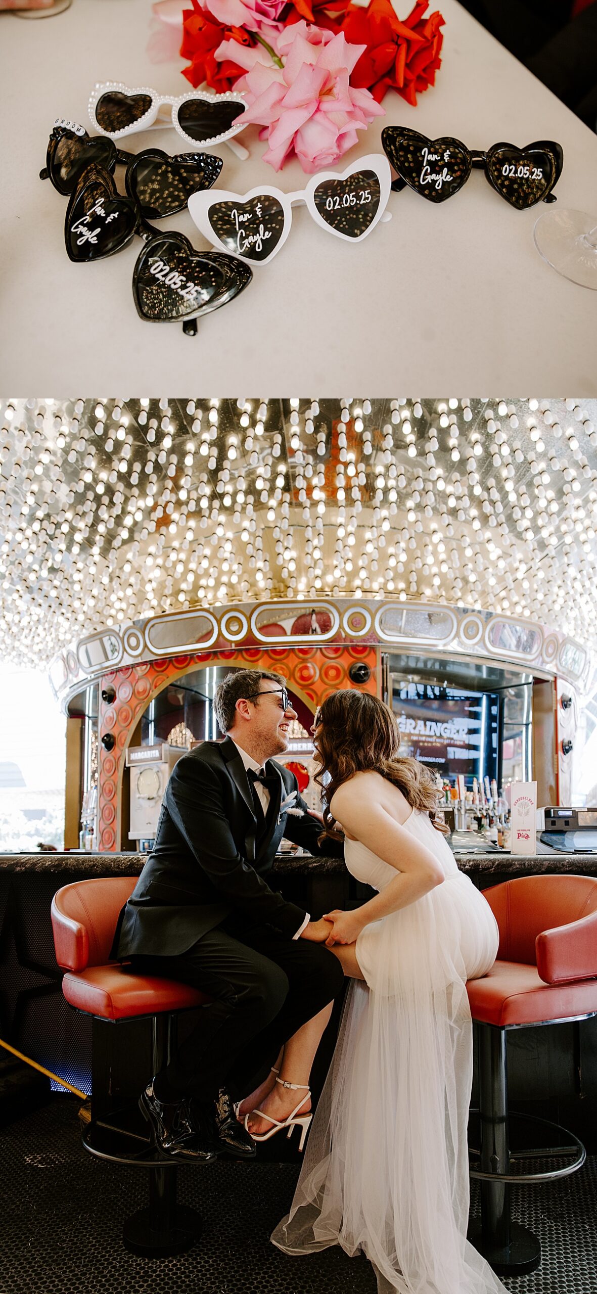 Couple smiles at each other while sitting at the bar near Sure Thing Chapel