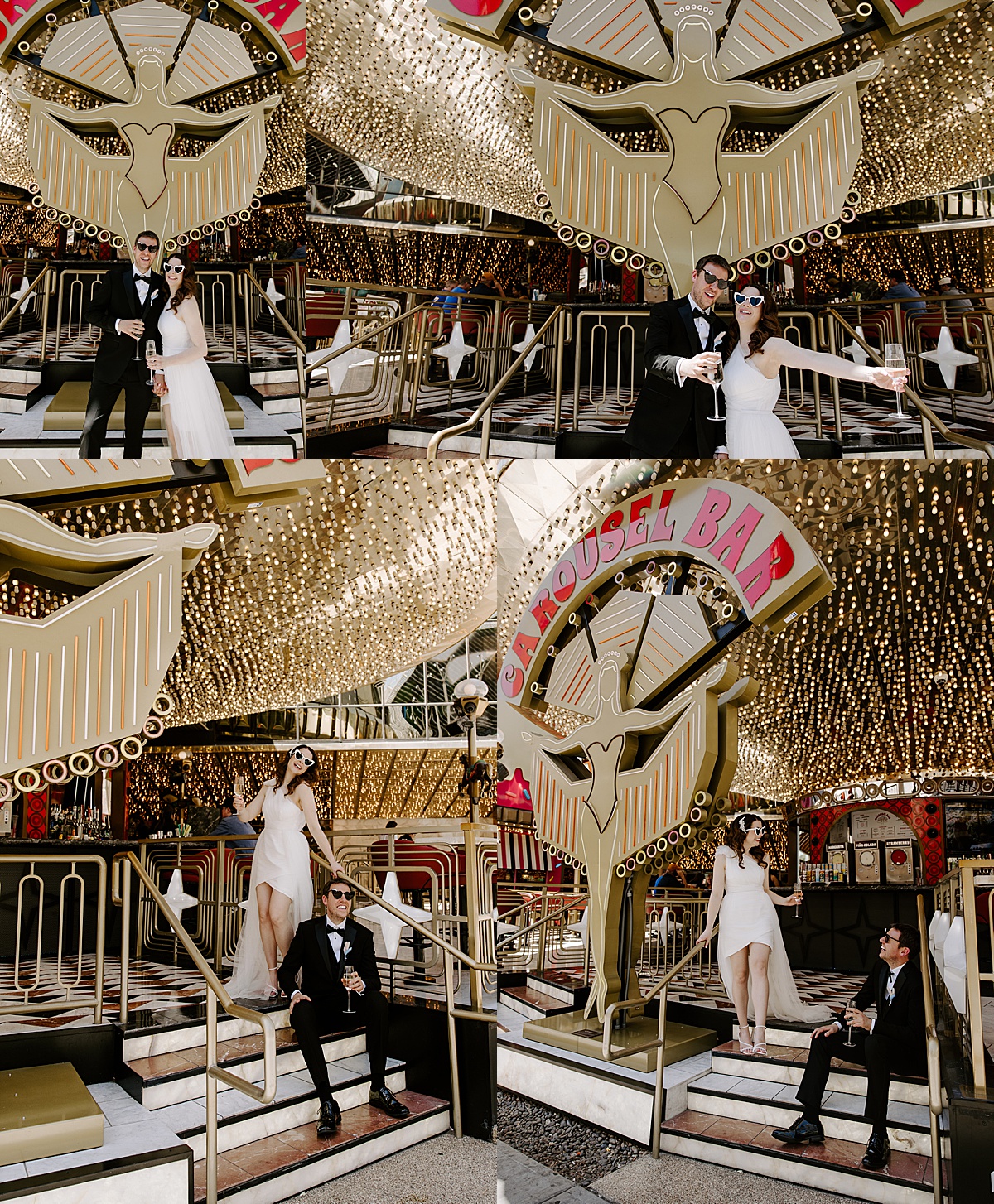 Groom sits on the stairs near Carousel Bar while bride stands near him by Las Vegas Wedding Photographer