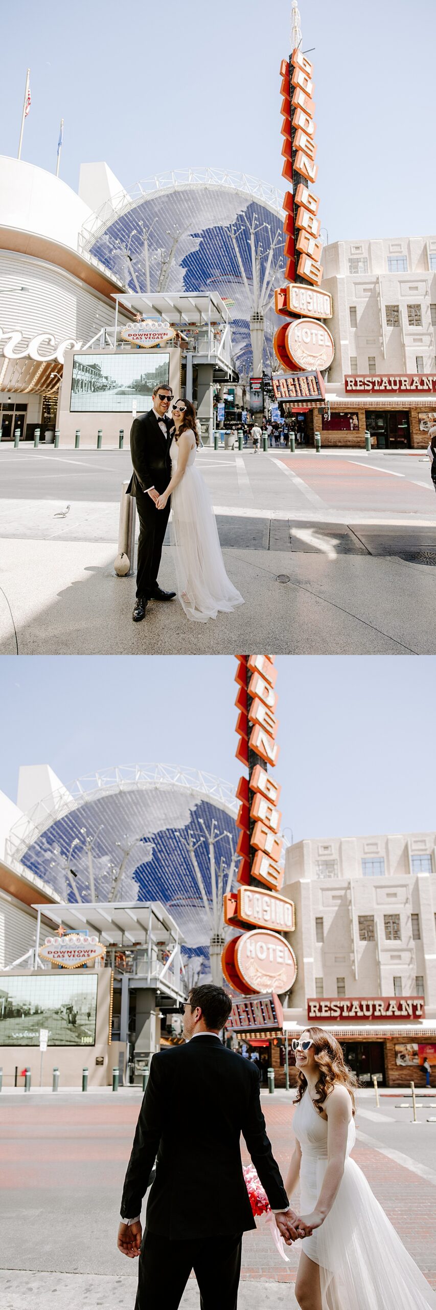 Husband and wife hold holds and smile outside of Golden Gate Casino by Katelyn Faye Photography