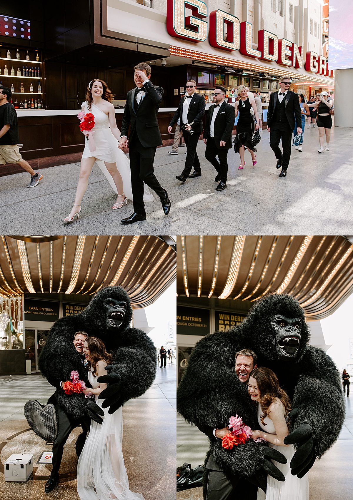 Bride and groom get hugged by man in gorilla costume after wedding at Sure Thing Chapel