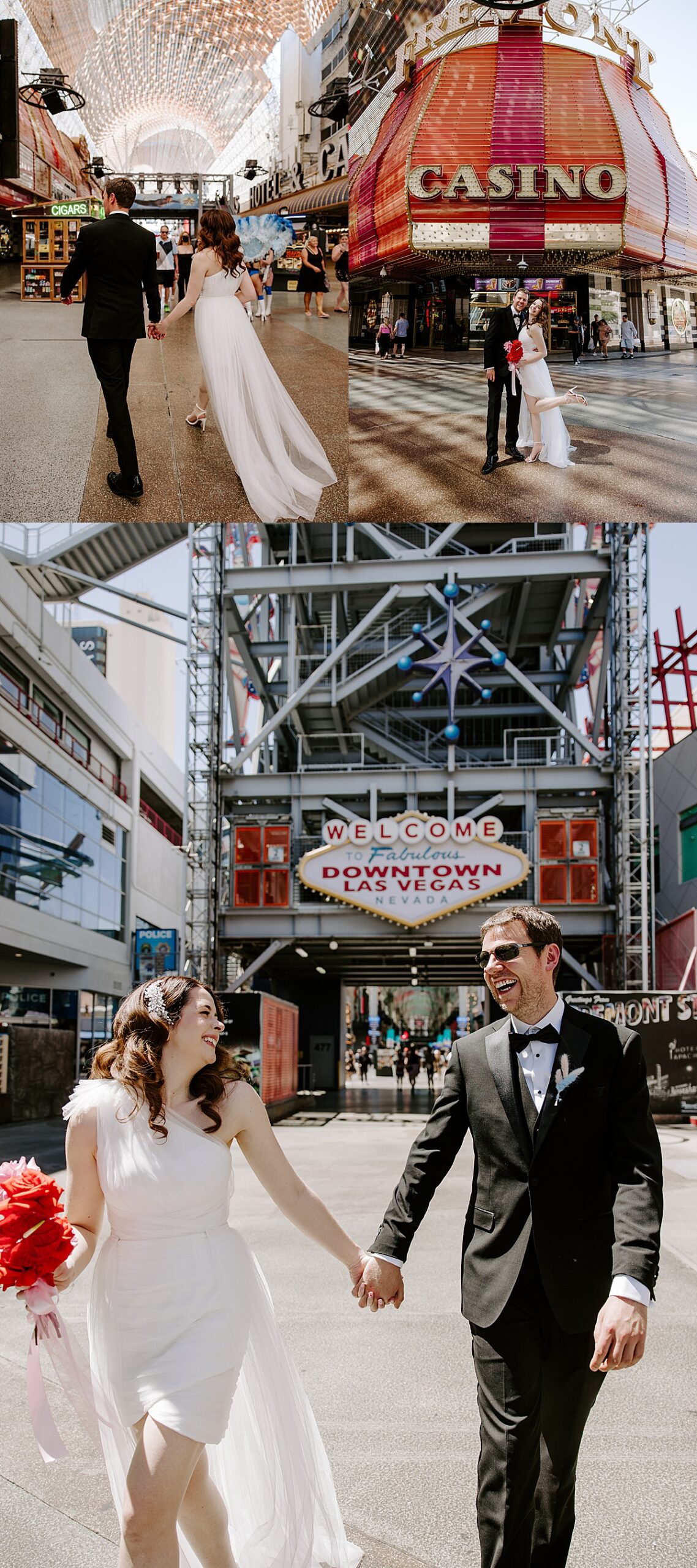 Newlyweds hold hands and walk near Fremont Street by Las Vegas Wedding Photographer