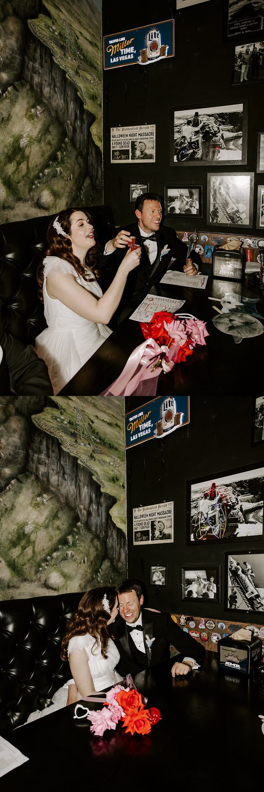 Couple raises shots to cheers while sitting in a booth by Katelyn Faye Photography