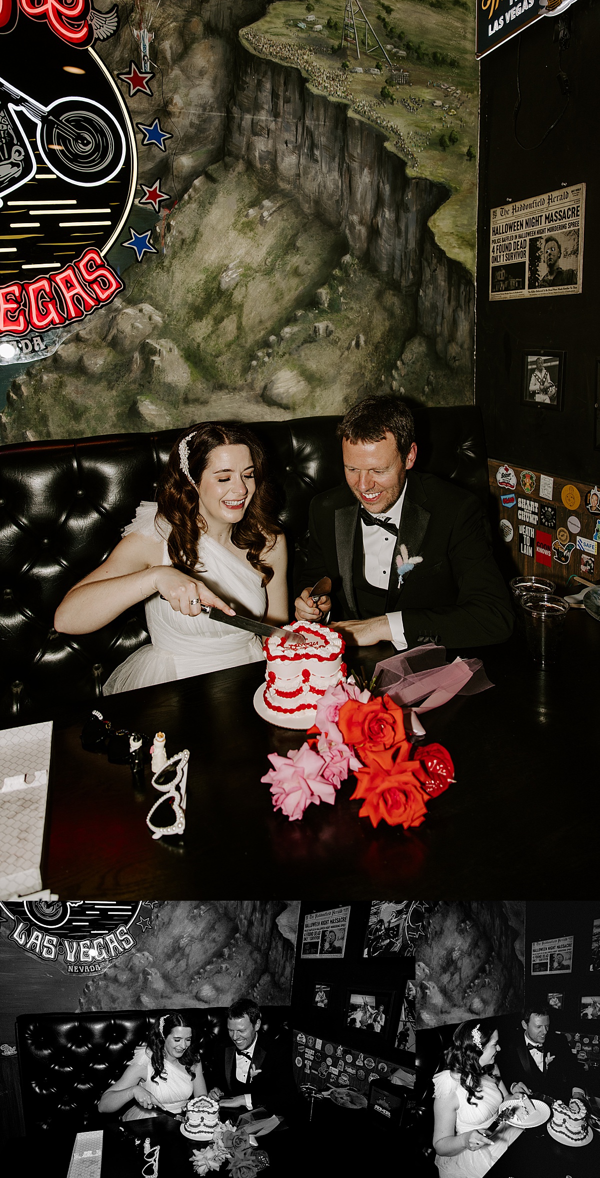 Newlyweds cut their cake after celebrations at Sure Thing Chapel
