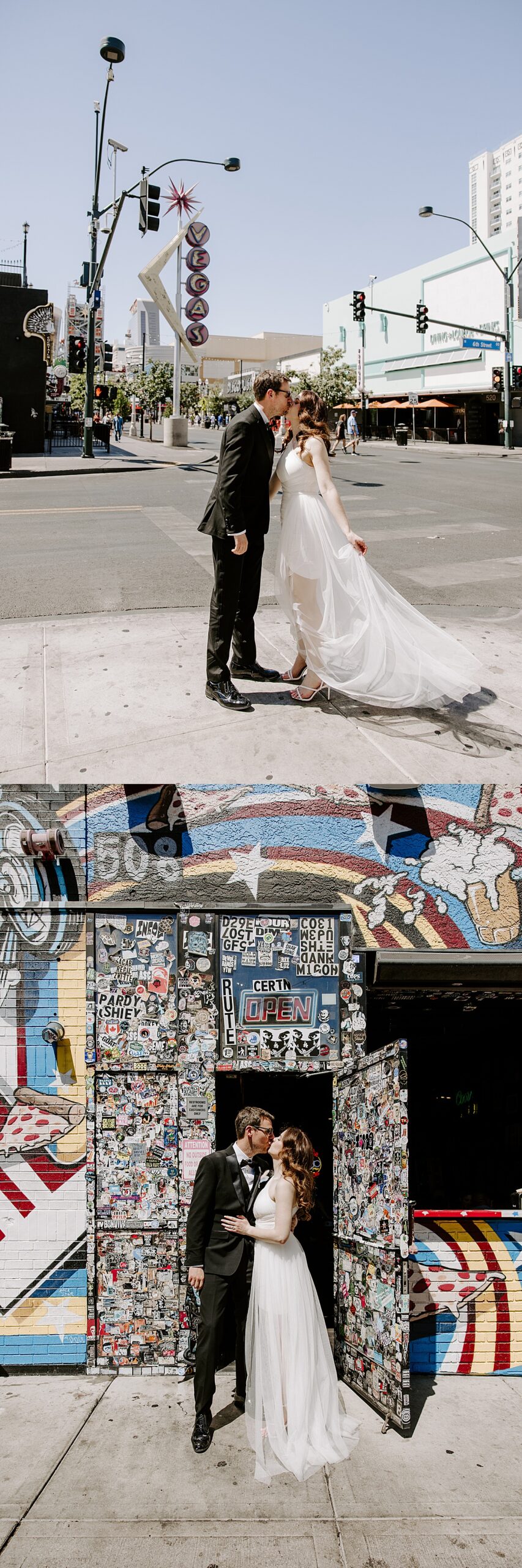 Couple kiss outside Fremont Street pizza joint by Katelyn Faye Photography