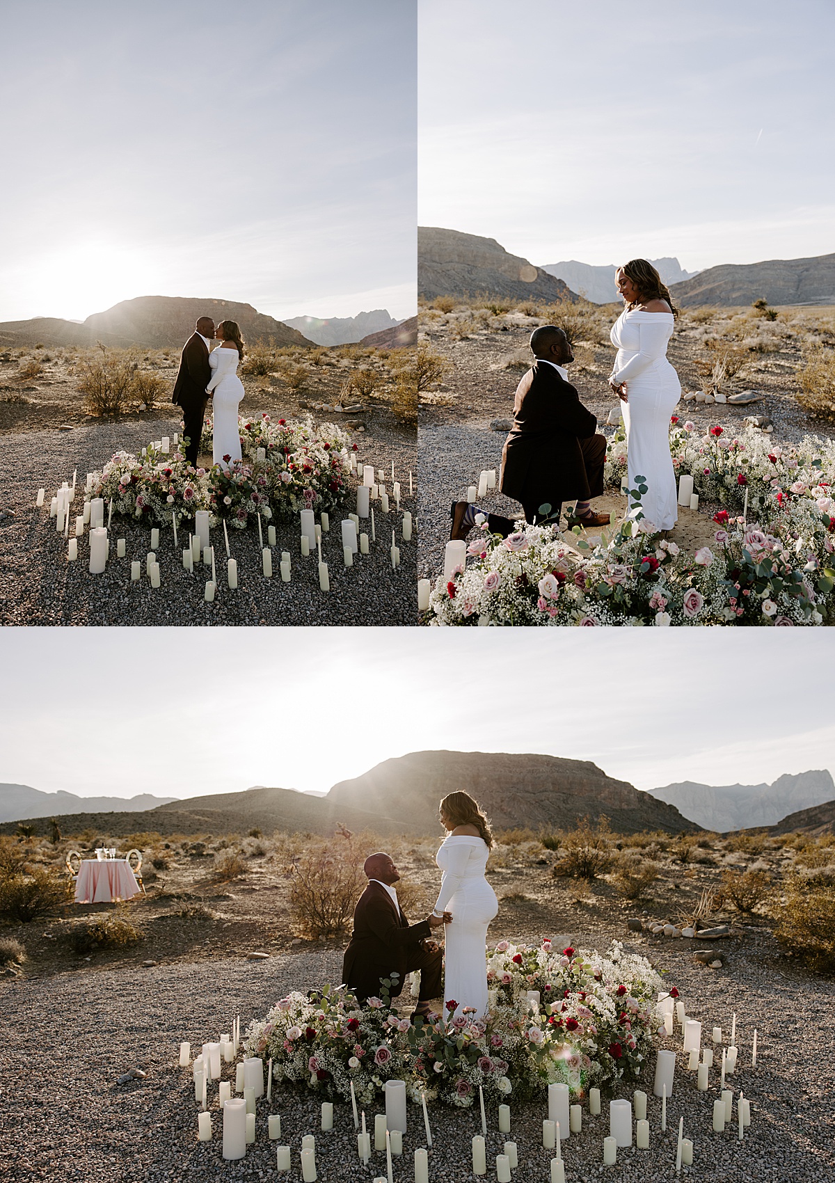 Man gets down on one knee and propose to woman at their Las Vegas engagement session
