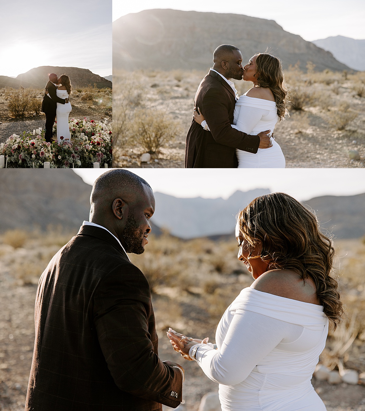 Finacé's kiss in the desert while embracing one another by Las Vegas Wedding Photographer