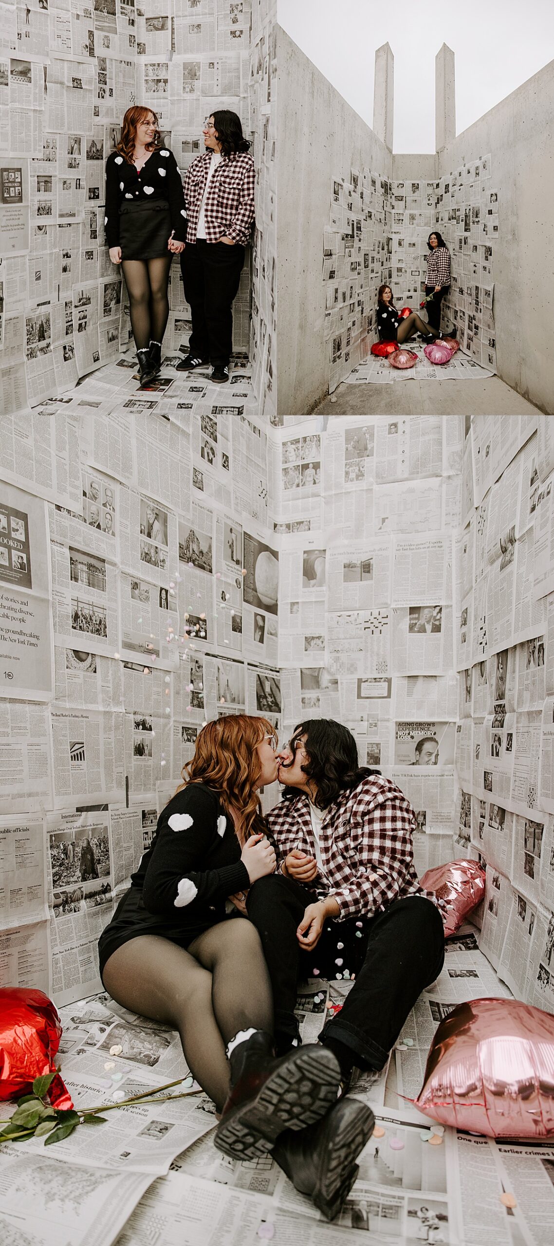 Couple hold hands in front of wall full of news paper by Las Vegas Wedding Photographer