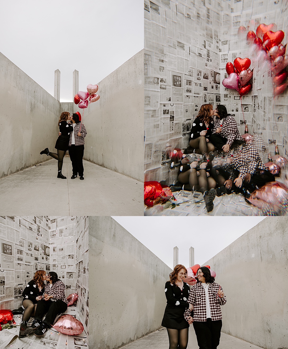 Couple kiss while holding red and pink balloons at their Las Vegas engagement session