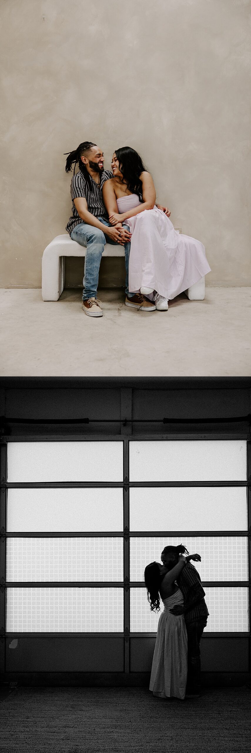 Man and woman sit while holding hands and lean into one another by Katelyn Faye Photography