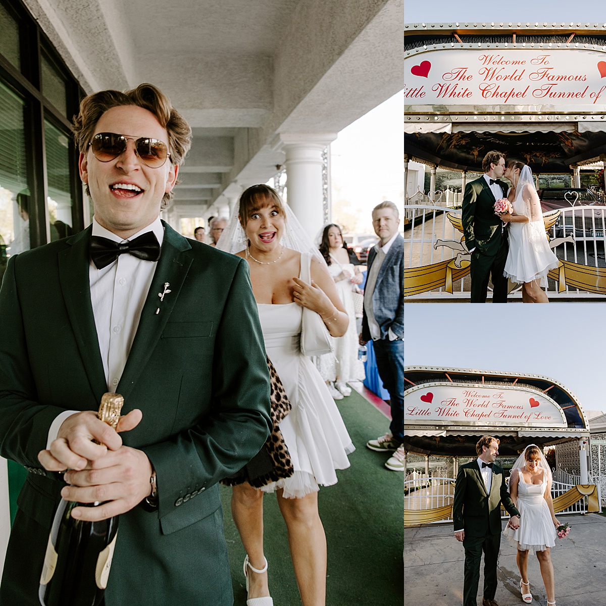 Man and woman arrive for their vow renewal at little white wedding chapel