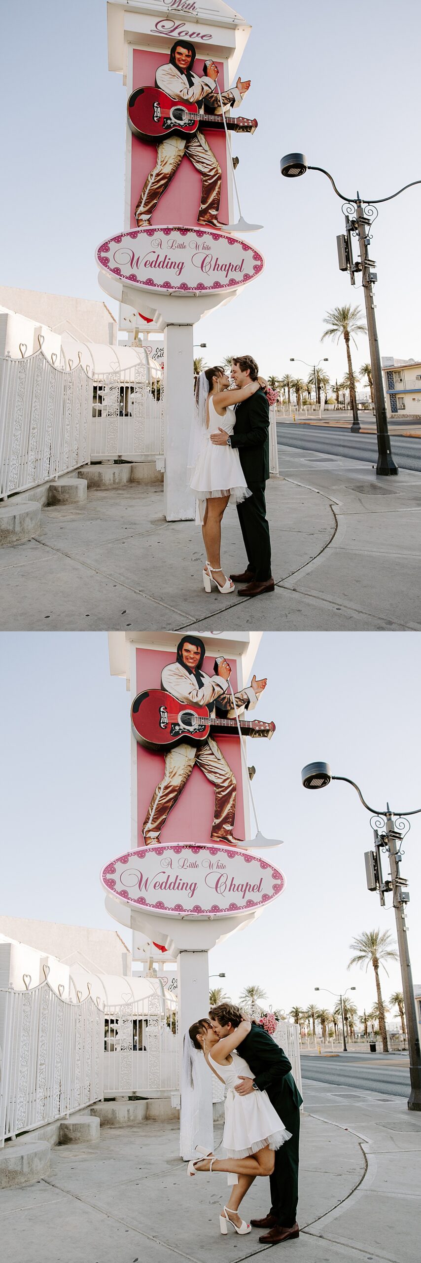 Man dips woman and kisses her in front of Elvis sign by Las Vegas wedding photographer