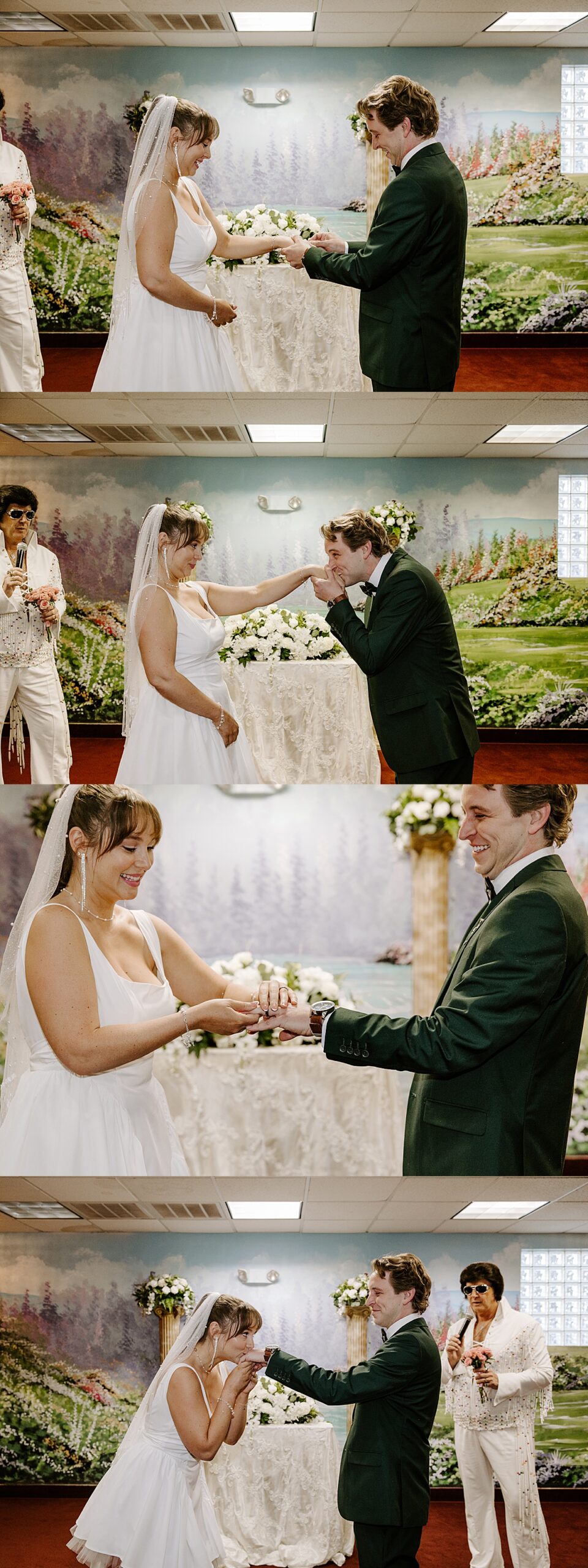 Groom puts ring on bride's hand during ceremony at little white wedding chapel