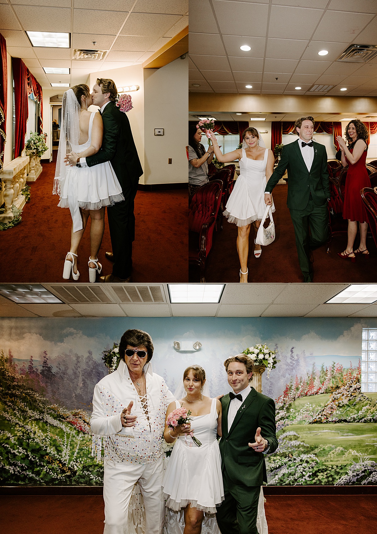 Newlyweds point at the camera with Elvis at little white wedding chapel