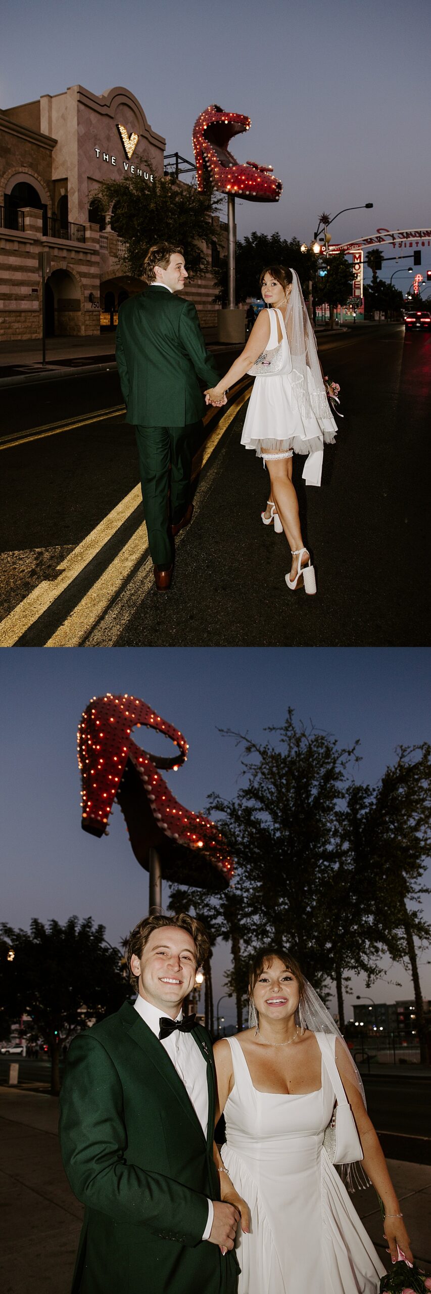 Newlyweds look back while hold hands and crossing the street by Katelyn Faye Photography