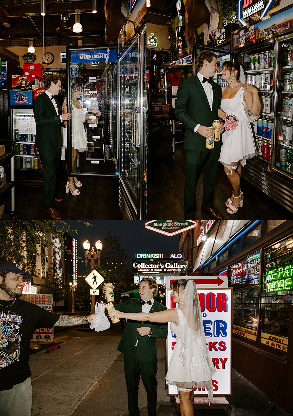 Couple grabs beers from refrigerator section by Las Vegas wedding photographer 