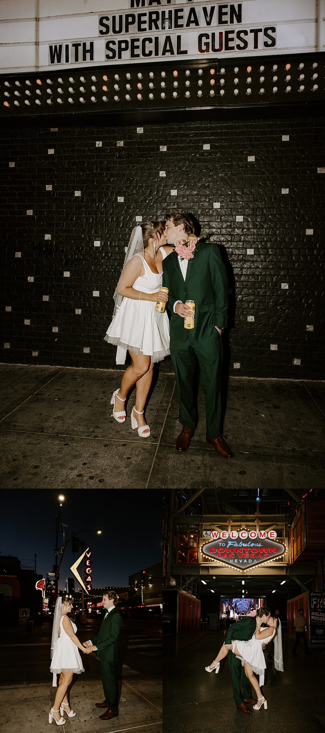Man dips woman back and kisses her in front of downtown Vegas sign by Katelyn Faye Photography