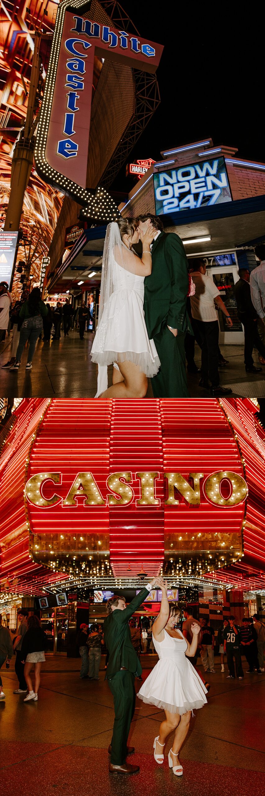 Husband and wife kiss in front of the White Castle sign near little white wedding chapel