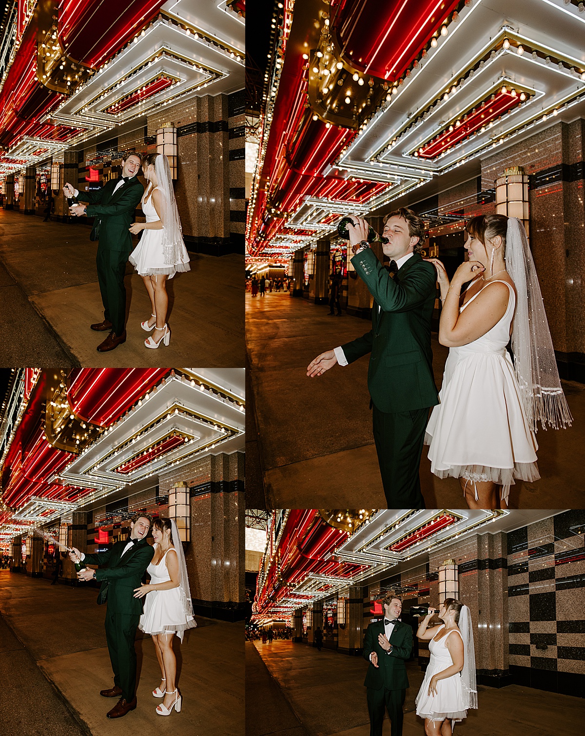 Man sprays champagne while woman laughs by Las Vegas wedding photographer