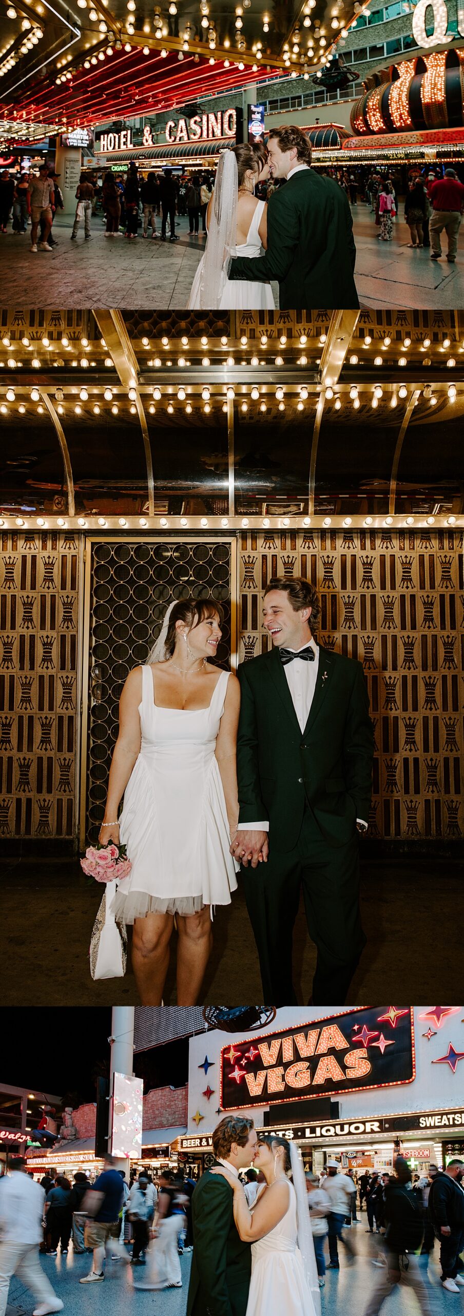 Newlyweds smile and hold hands in casino near little white wedding chapel