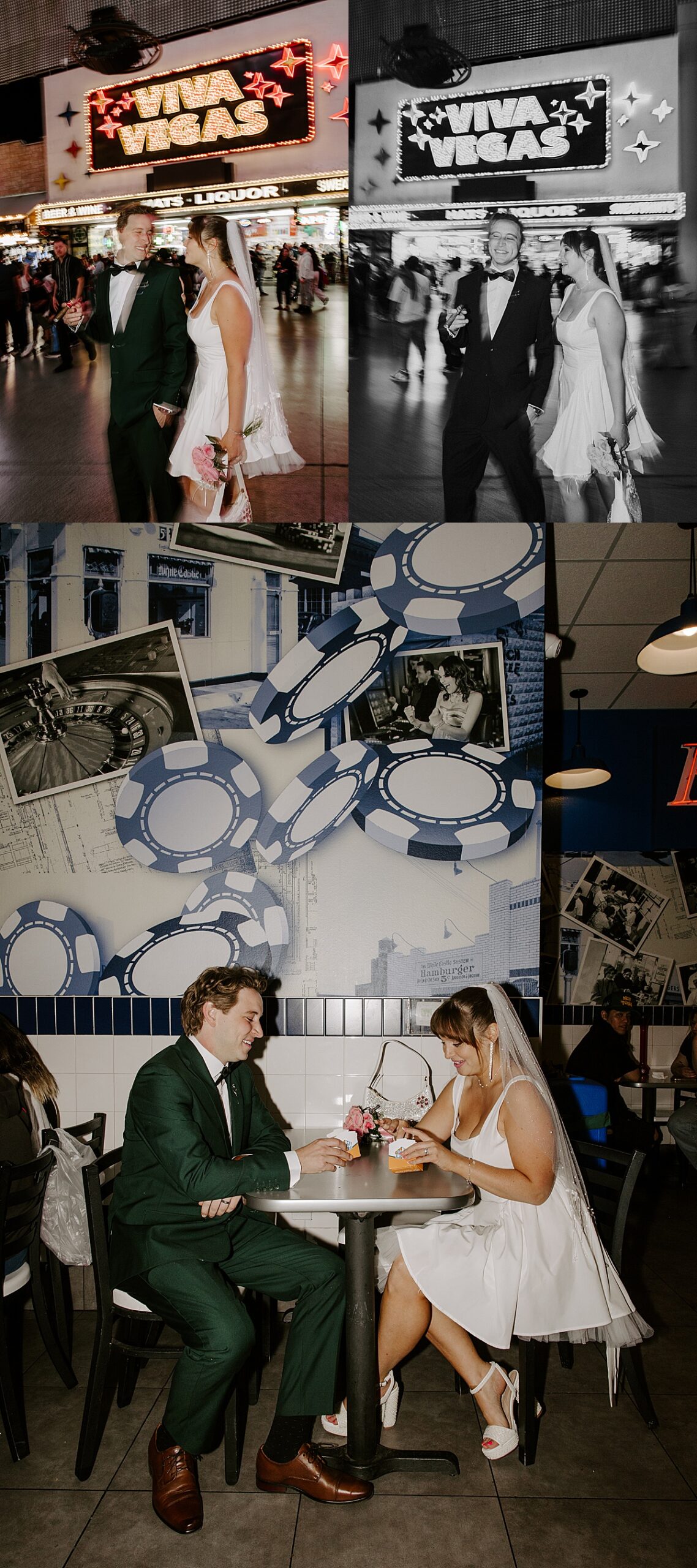 Couple shares white castle burgers sitting at a table by Las Vegas wedding photographer