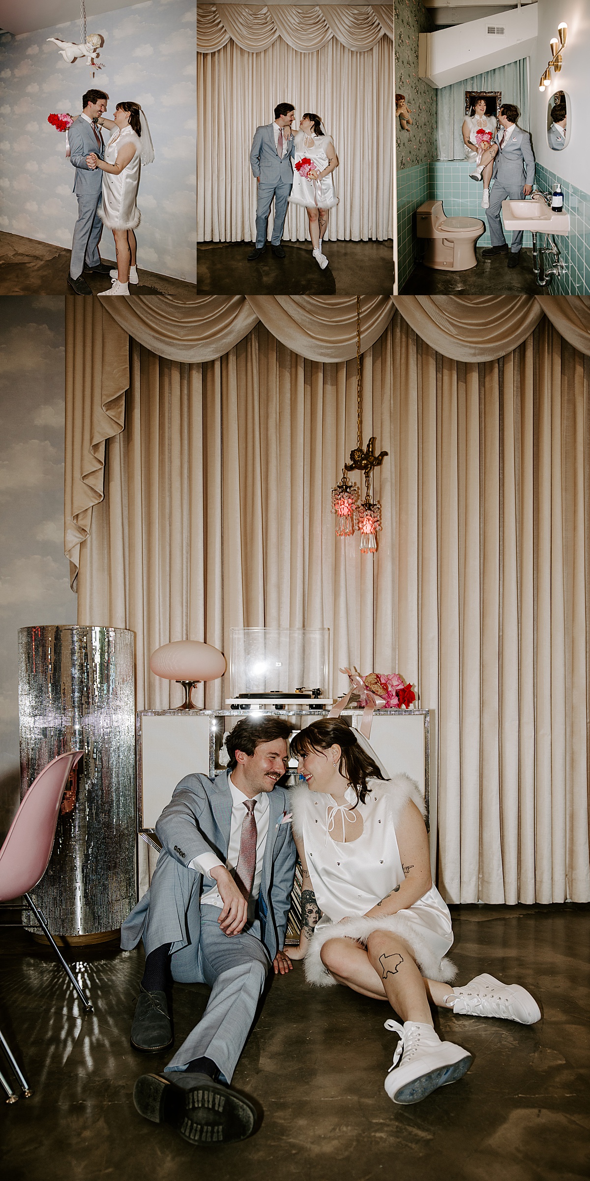 Couple dance together under a small cupid figurine by Las Vegas Wedding Photographer
