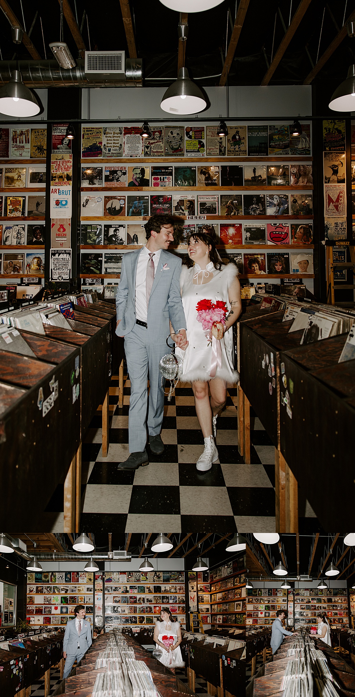 Newlyweds walk down aisle at  record store by Katelyn Faye Photography