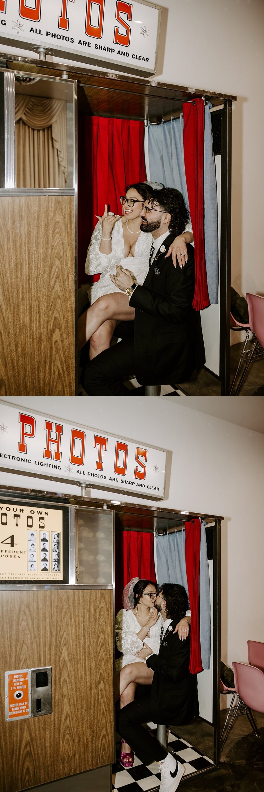 Husband and wife kiss in an old style photobooth by Katelyn Faye Photography