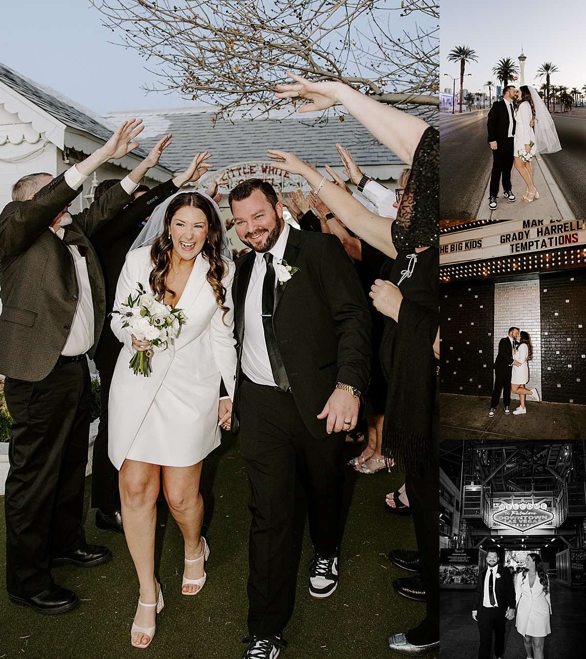 Couple run through tunnel of wedding guests taken with camera bag necessities