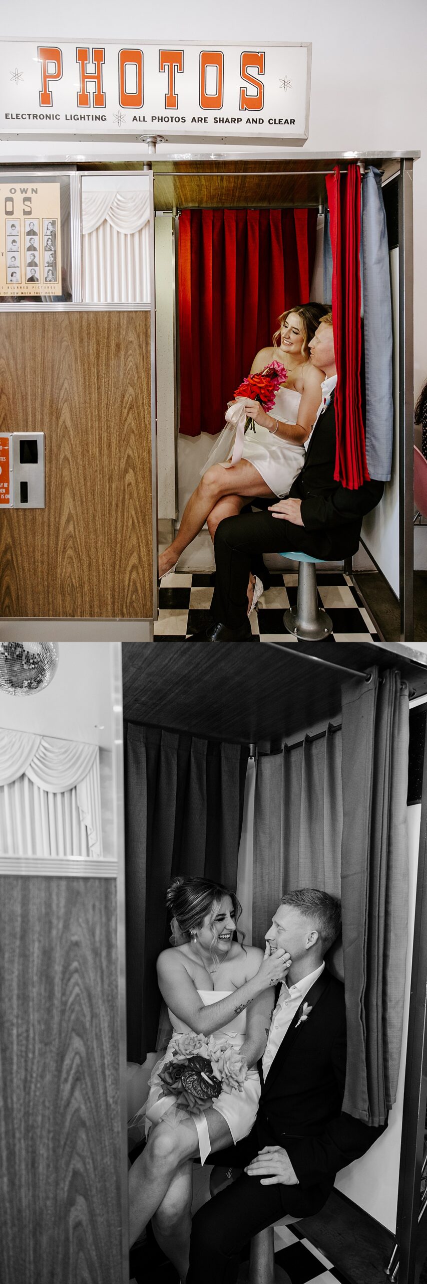 Fiancés sit in a photobooth and smile at Sure Thing Wedding Chapel
