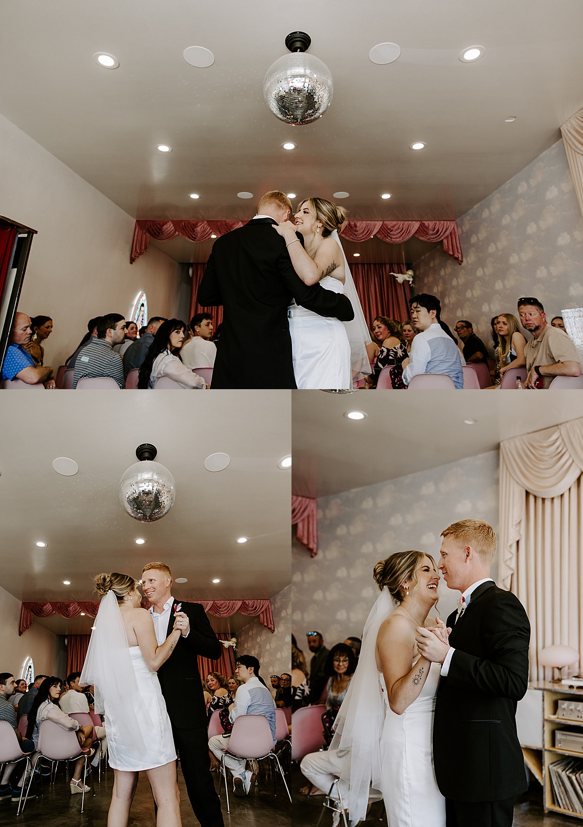Couple shares first dance under a disco ball by Katelyn Faye Photography
