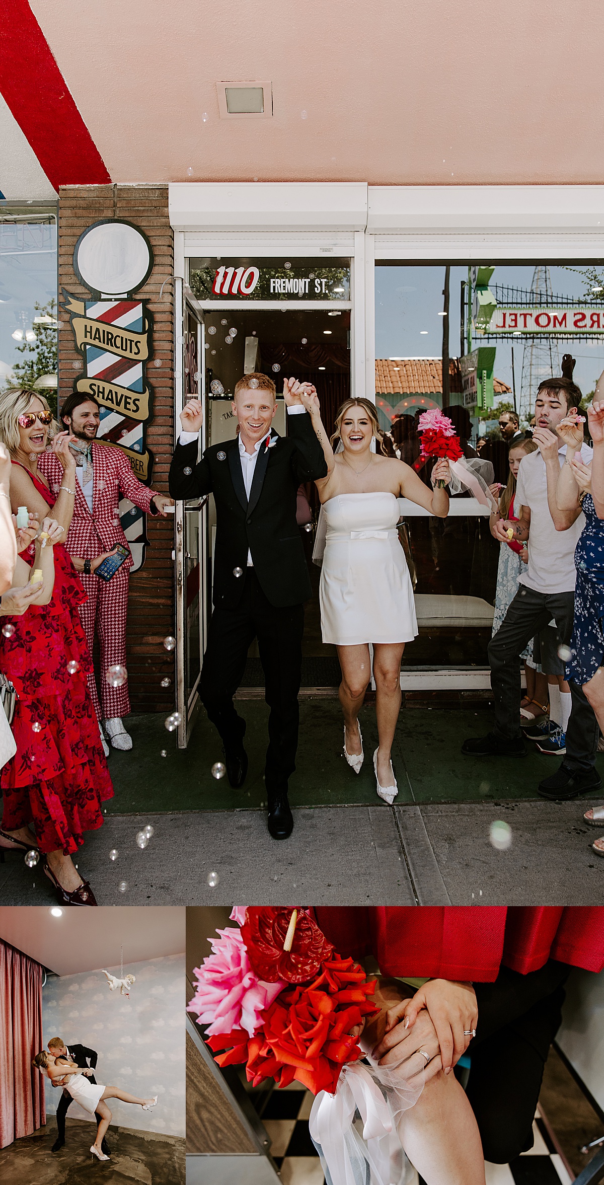 Bride and groom hold hands and exit their venue after getting married at Sure Thing Wedding Chapel