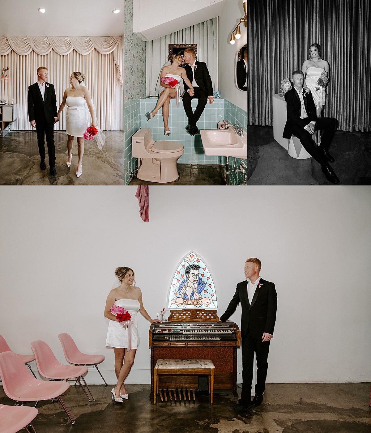 Newlyweds sit on the blue wall of the bathroom and kiss by Las Vegas Elopement Photographer