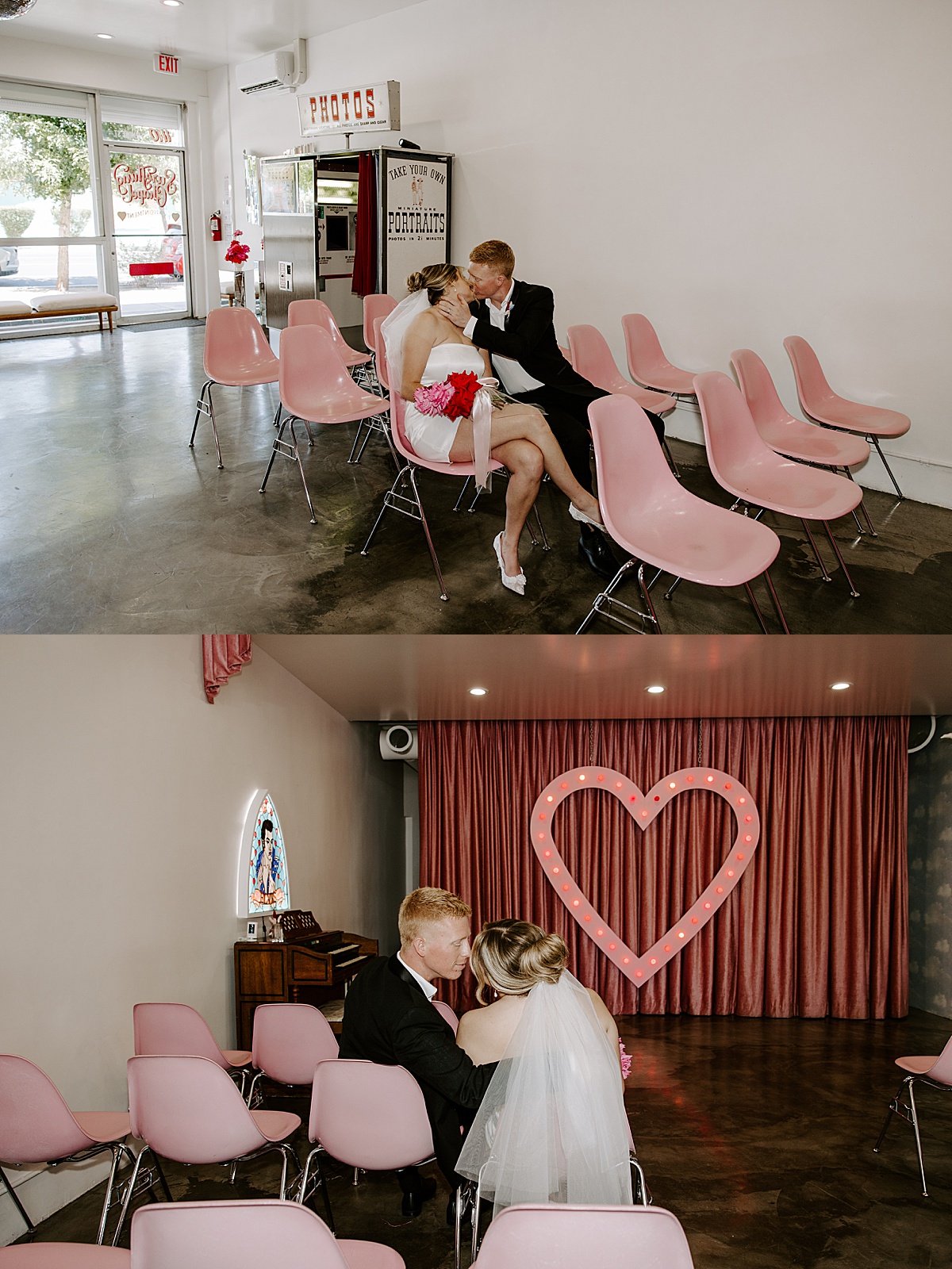Bride and groom sit in pink chairs and kiss by Katelyn Faye Photography