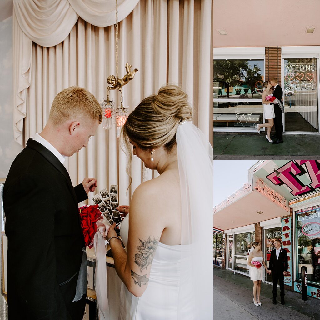 Man and woman stand outside Sure Thing Wedding Chapel while kissing