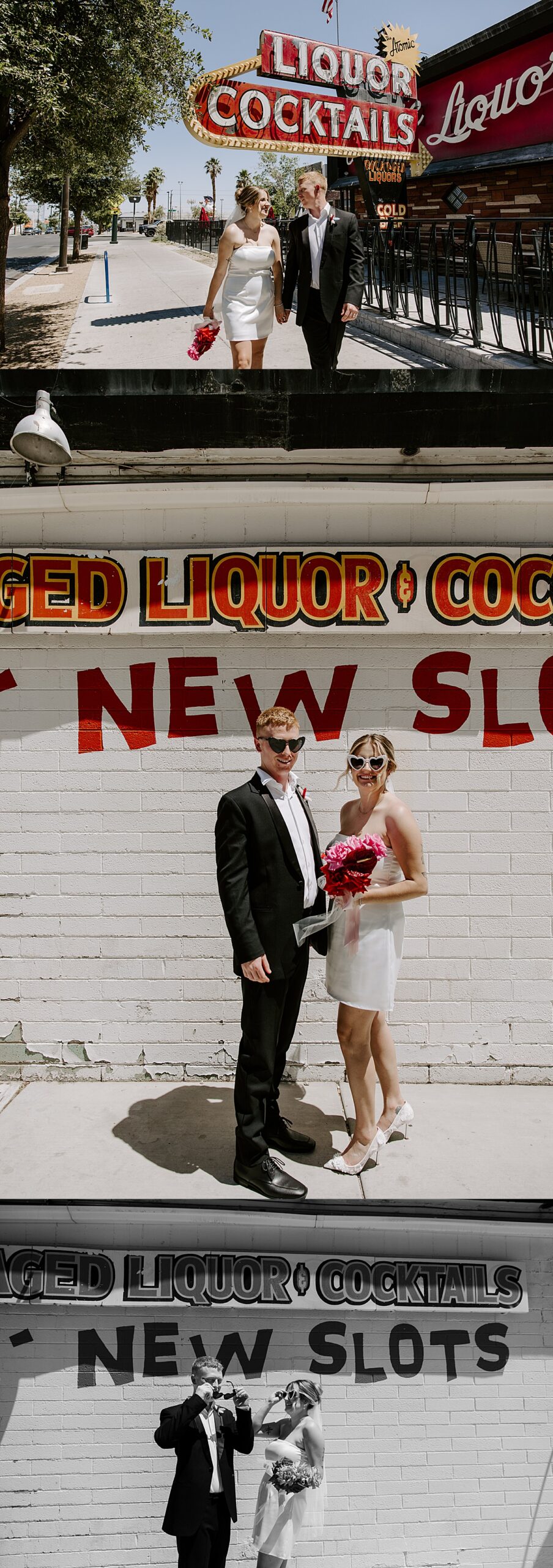 Husband and wife walk hand in hand down the sidewalk in front of Atomic Liquor by Las Vegas Elopement Photographer