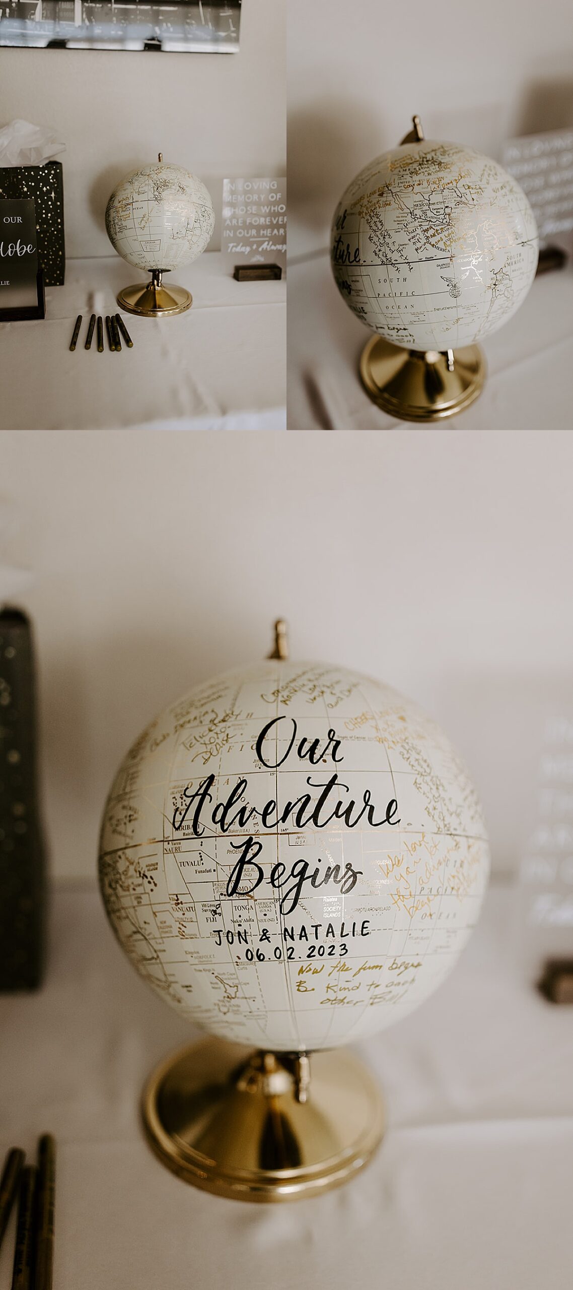 A globe that reads "Our Adventure Begins" for people to sign as a guest book ideas