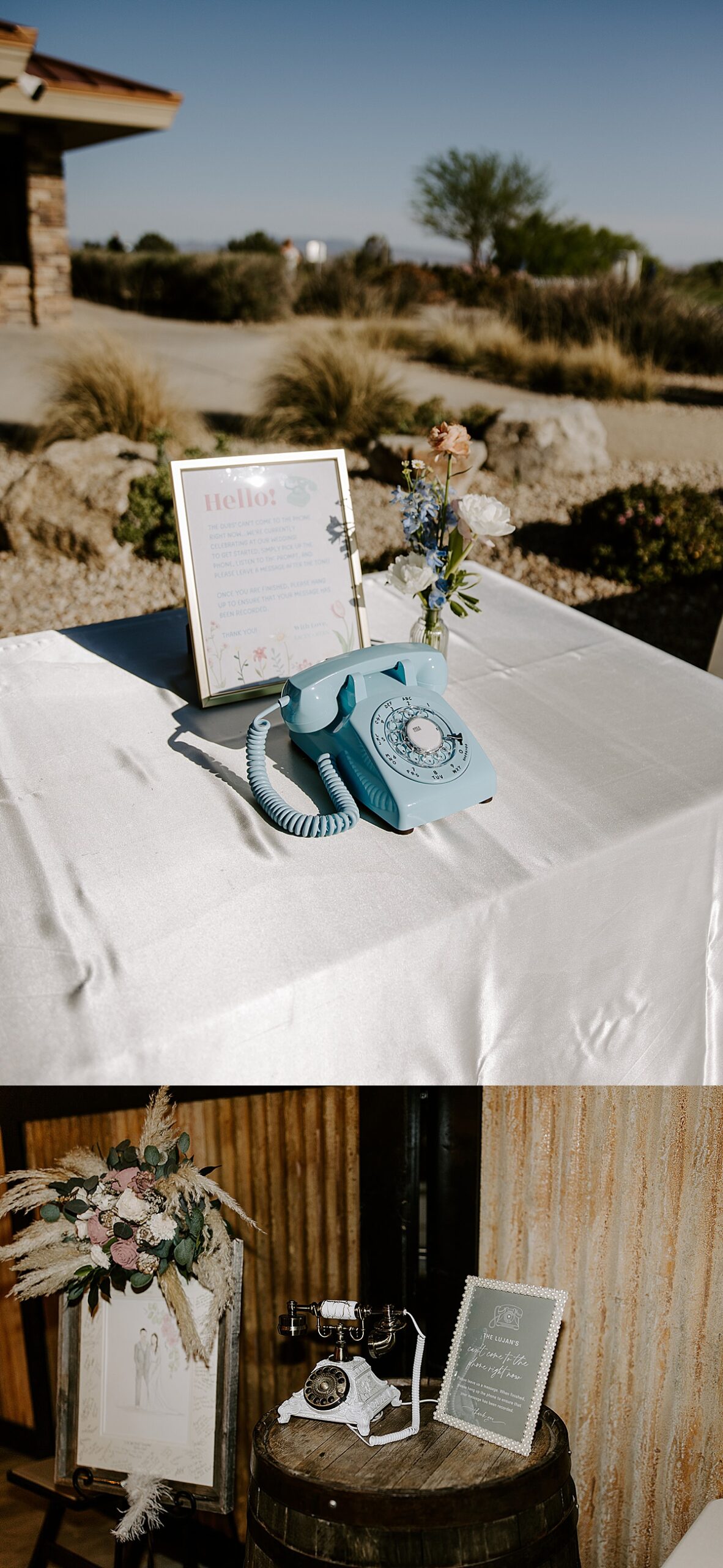 A blue phone sitting on a table with a sign explaining how to use it as a guest book ideas