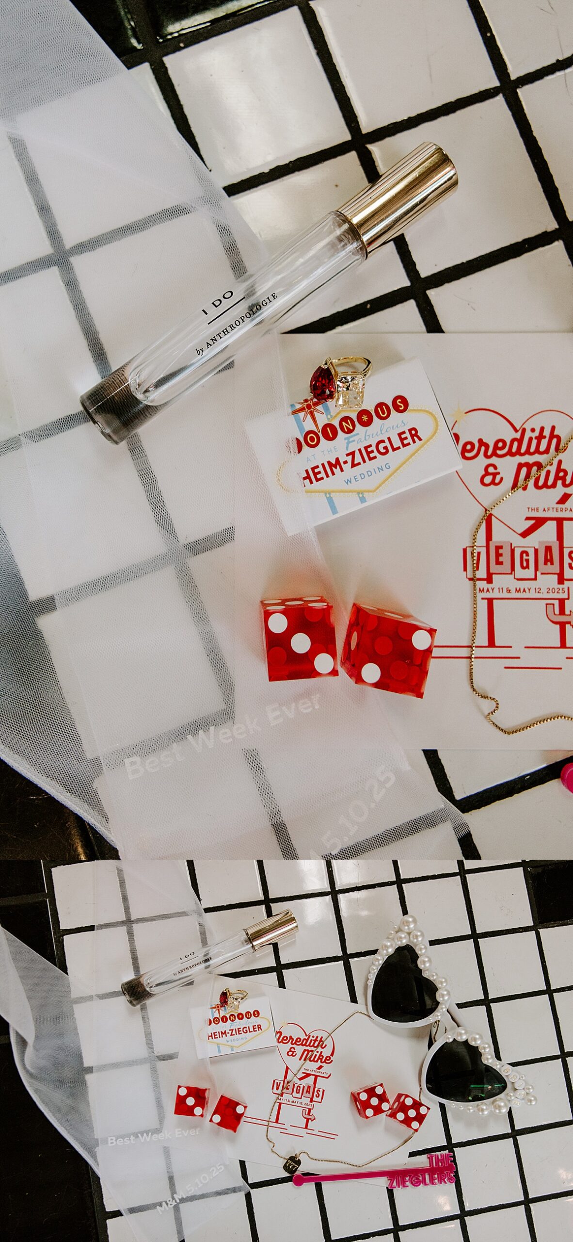 Sunglasses, dice, a wedding invite, and perfume laid out on a table before a Downtown Tattoo elopement