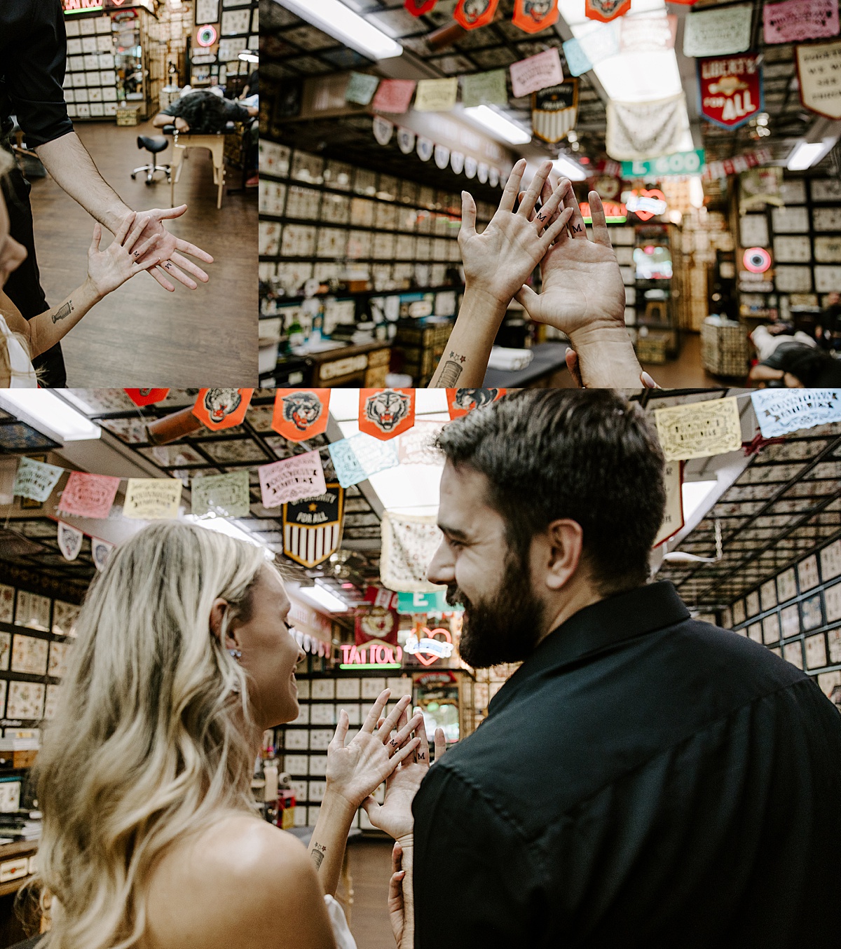 Man and woman show off new "M" tattoos on their fingers at their Downtown Tattoo elopement