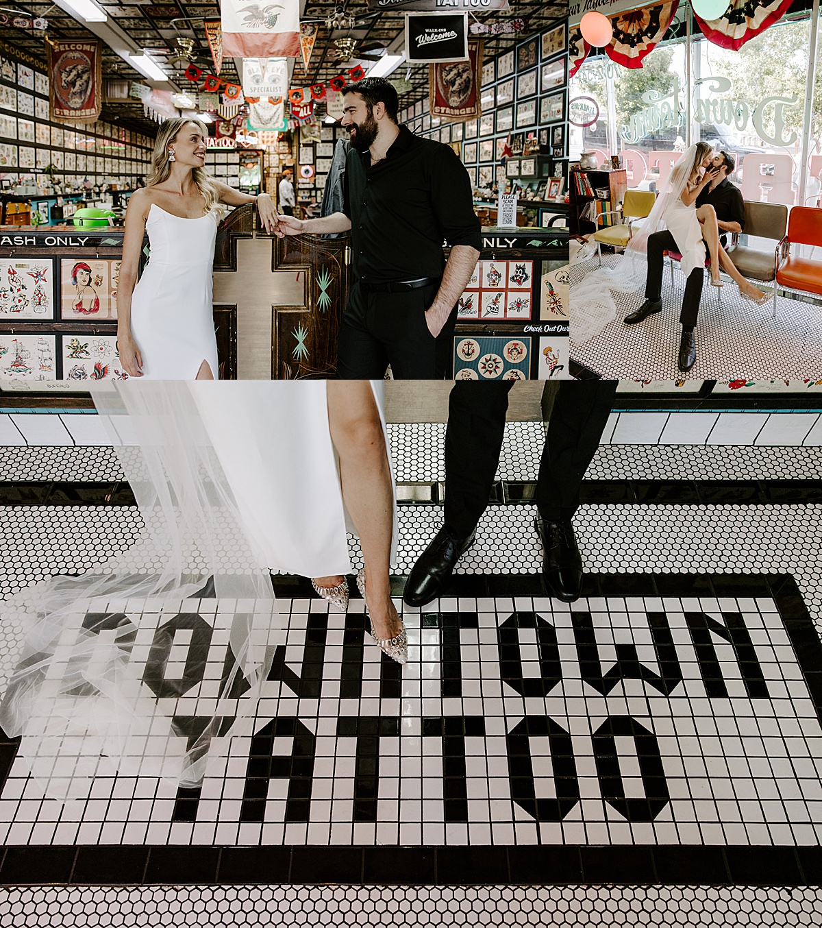 Woman sits on mans lap and kisses him in the waiting area of a tattoo parlor by Katelyn Faye Photography